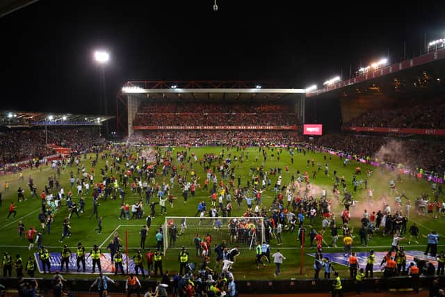 A mass fan pitch invasion took place after Sheffield United’s Championship play-off loss to Nottingham Forest last month. Picture: Michael Regan/Getty Images