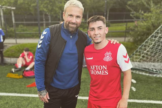 Billy Gilmour poses for a photo with manager Ryan Stevenson (Credit: @GlenaftonAJFC)