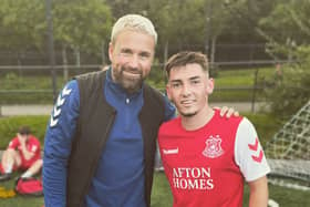 Billy Gilmour poses for a photo with first-team manager Ryan Stevenson (Credit: @GlenaftonAJFC)