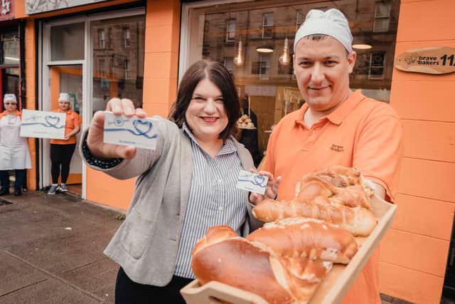 Glasgow council leader Susan Aitken with Brave Bakers owner Petru Blaj.