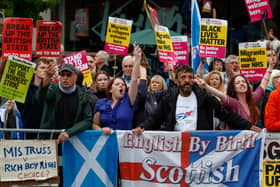 Protesters outside the Tory hustings in Perth.