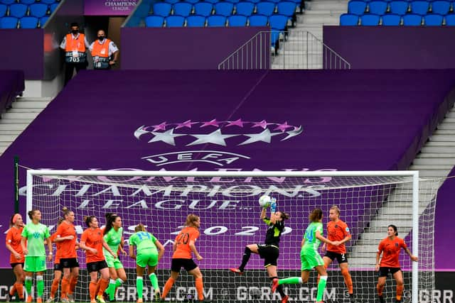 Glasgow City's Scottish goalkeeper Lee Alexander in action during the UEFA Women's Champions League quarter-final football match between Glasgow City FC and VfL Wolfsburg at the Anoeta stadium in San Sebastian