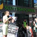 Wyndford Residents Union protest outside of ScottishPowers offices in Glasgow - led by speaker Stephanie Martin 