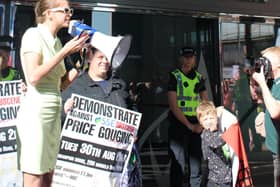 Wyndford Residents Union protest outside of ScottishPowers offices in Glasgow - led by speaker Stephanie Martin 