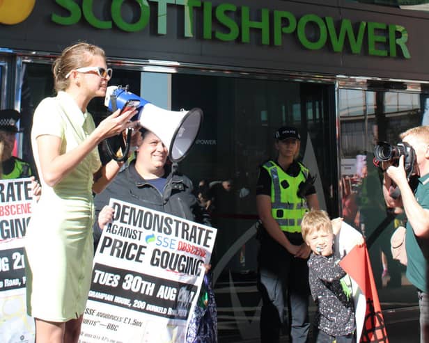 Wyndford Residents Union protest outside of ScottishPowers offices in Glasgow - led by speaker Stephanie Martin 