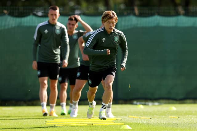 Kyogo Furuhashi of Celtic trains during a Celtic Training Session ahead of their UEFA Champions League group F match against Real Madrid at Lennoxtown Training Centre 