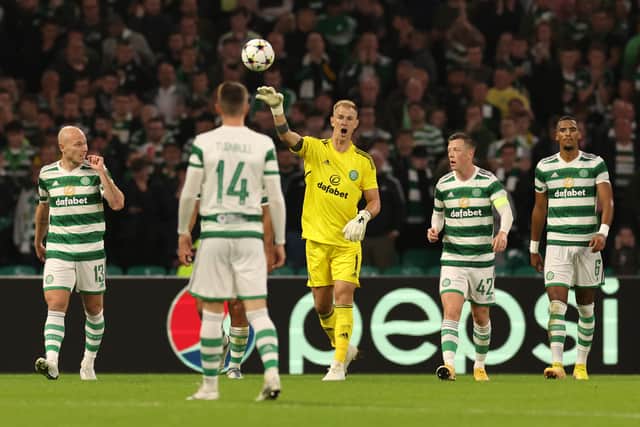Joe Hart of Celtic reacts after Eden Hazard (not pictured) of Real Madrid scores their team's third goal 