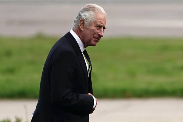 King Charles III at Aberdeen Airport as he travels to London with the Queen following the death of Queen Elizabeth II on Thursday. Picture date: Friday September 9, 2022.