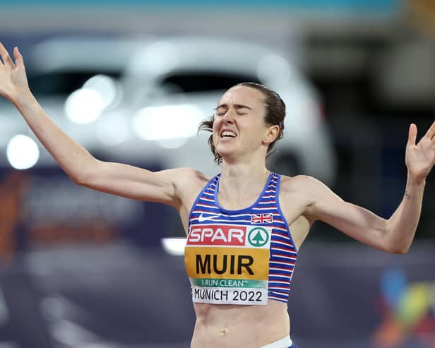Gold medalist Laura Muir of Great Britain celebrates after the Athletics - Women's 1500m Final on day 9 of the European Championships Munich 2022 at Olympiapark on August 19, 2022 in Munich, Germany. (Photo by Alexander Hassenstein/Getty Images)