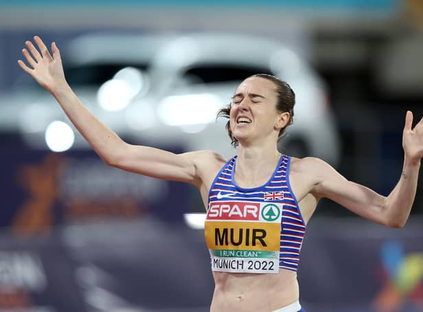 <p>Gold medalist Laura Muir of Great Britain celebrates after the Athletics - Women's 1500m Final on day 9 of the European Championships Munich 2022 at Olympiapark on August 19, 2022 in Munich, Germany. (Photo by Alexander Hassenstein/Getty Images)</p>