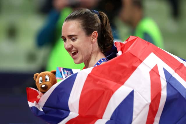 MUNICH, GERMANY - AUGUST 19: Gold medalist Laura Muir of Great Britain celebrates after the Athletics - Women's 1500m Final on day 9 of the European Championships Munich 2022 at Olympiapark on August 19, 2022 in Munich, Germany. (Photo by Alexander Hassenstein/Getty Images)
