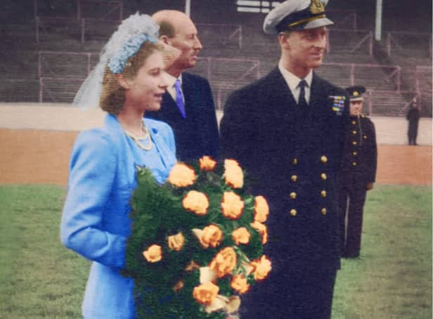 <p>The Queen and Prince Philip during her trip to Ibrox in the 1940’s (Pic credit: @Andythephotodr)</p>