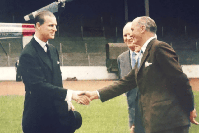 The late Prince Philip arrived at Ibrox via helicopter, and shook hands with then-chairman of Rangers FC, John F. Wilson. (Pic credit: @Andythephotodr)