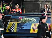 The coffin of Queen Elizabeth II arrives from the Palace of Holyroodhouse to St Giles Cathedral. Photo: Getty