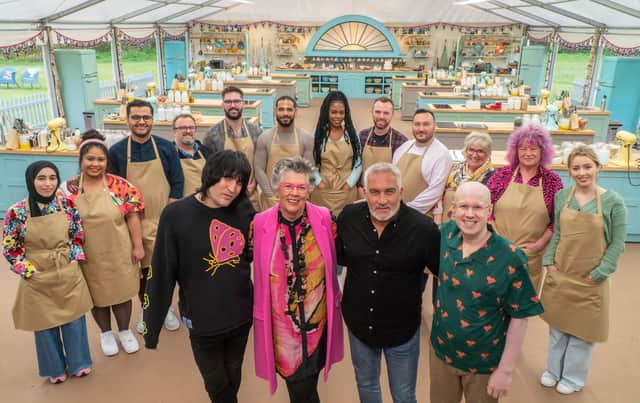 Group Photo of bakers, presenters and judges from Great British Bake Off 2022 (L to R (back) Maisam, Syabira, Abdul, William, James, Sandro, Maxy, Kevin, Janusz, Dawn, Carole, Rebs (front) Noel Fielding, Prue Leith, Paul Hollywood, Matt Lucas)
