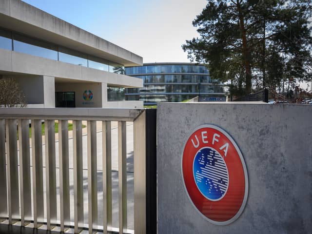 A picture taken in Nyon on March 17, 2020 shows the gate at the headquarters of UEFA, the European football's governing body