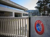 A picture taken in Nyon on March 17, 2020 shows the gate at the headquarters of UEFA, the European football's governing body
