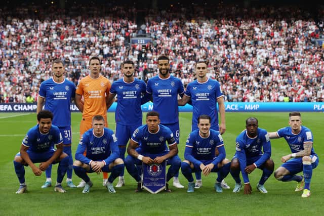 The Rangers team line up for a photo prior to the UEFA Champions League group A match against AFC Ajax at Johan Cruyff Arena
