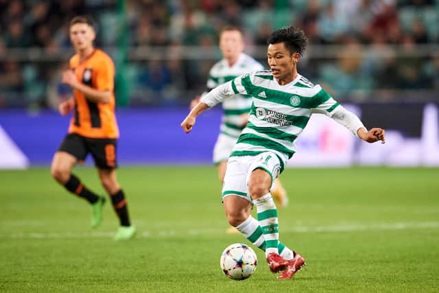 Reo Hatate of Celtic controls the ball during an excellent display in Warsaw