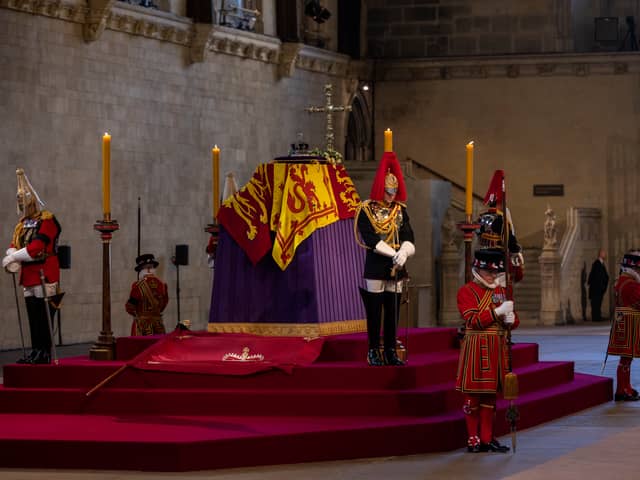 The Queen lying in state in Westminster Hall. 