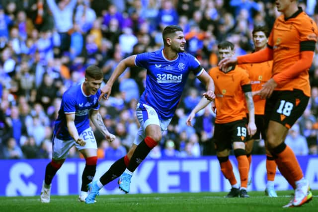 Antonio Colak celebrates scoring in the first half during the Cinch Scottish Premiership match between Rangers and Dundee United
