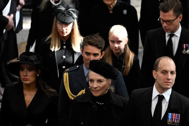 Actress Sophie Winkleman, who is married to Lord Frederick Windsor, pictured on the far left at the Queen’s funeral on Monday.