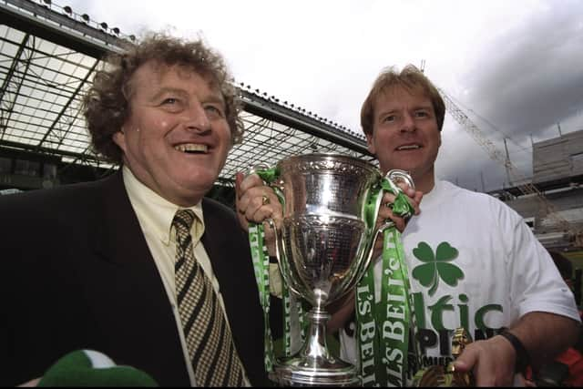 Celtic Coach Wim Jansen and Murdo McLeod celebrate after a Scottish Premier League match against St Johnstone at Celtic Park