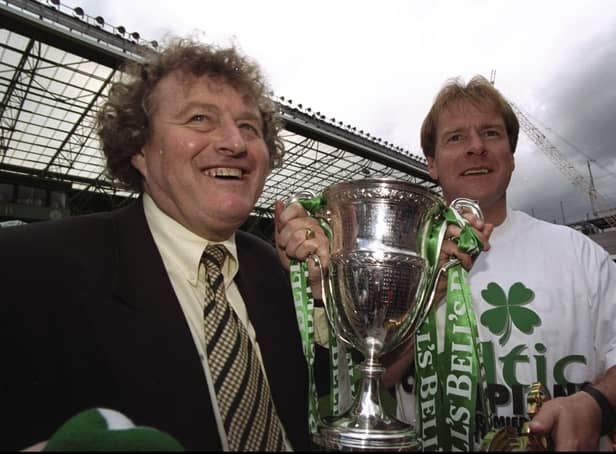 <p>Celtic Coach Wim Jansen and Murdo McLeod celebrate after a Scottish Premier League match against St Johnstone at Celtic Park</p>