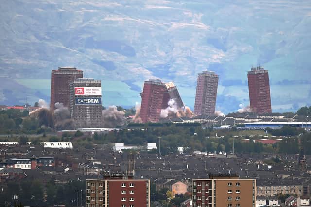 The last remaining Red Road flats were demolished in a controlled explosion on October 11, 2015 in Glasgow, Scotland. (Photo by Jeff J Mitchell/Getty Images)