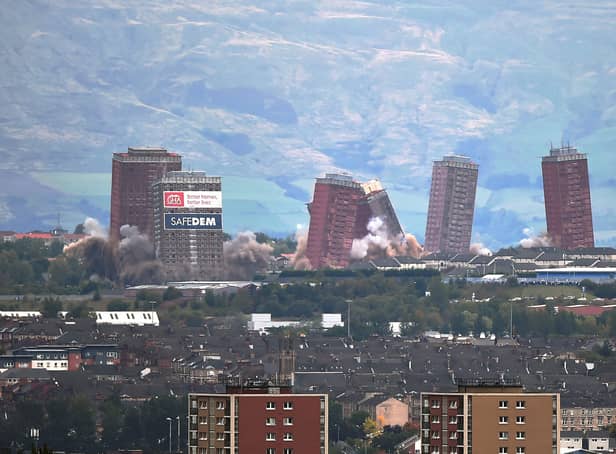 <p>The last remaining Red Road flats were demolished in a controlled explosion on October 11, 2015 in Glasgow, Scotland. (Photo by Jeff J Mitchell/Getty Images)</p>
