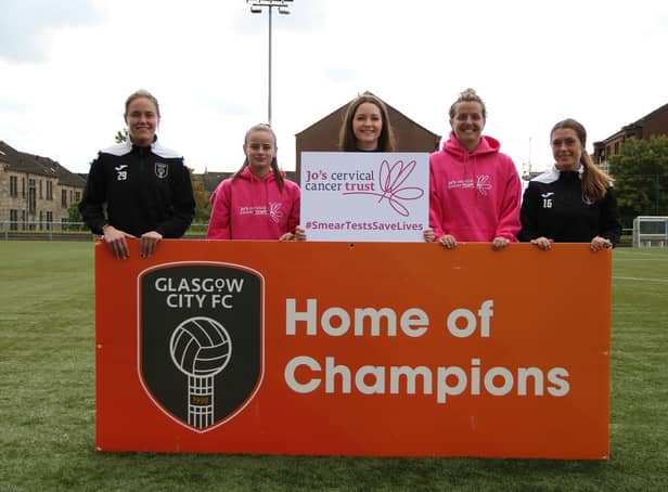 <p>Women & girls club Glasgow City link up with Jo’s Cervical Cancer Trust (Credit: GCFC x Tony Cairney)</p>