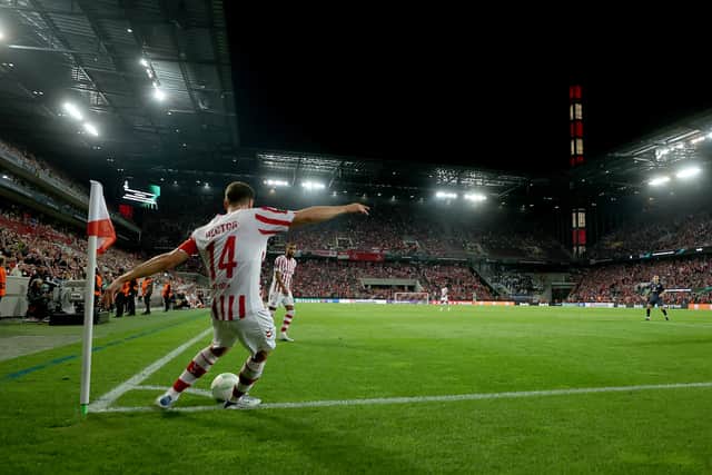 Jonas Hector takes a corner during the UEFA Europa Conference League group D match between FC Koln and FC Slovacko at RheinEnergieStadion
