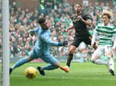 Kyogo Furuhashi scores his side’s third goal during the Cinch Scottish Premiership match between Celtic and Motherwell at Celtic Park on May 14, 2022