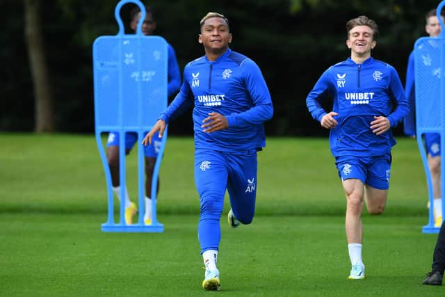 Alfredo Morelos takes part in a training session at Murray Park, in Auchenhowie