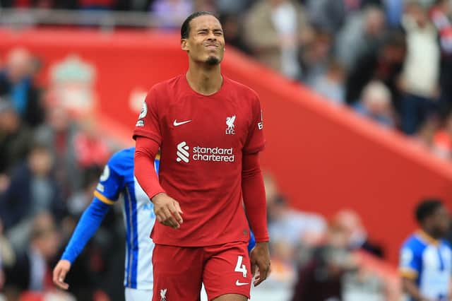 Dutch defender Virgil van Dijk reacts on the final whistle during the English Premier League football match between Liverpool and Brighton and Hove Albion at Anfield