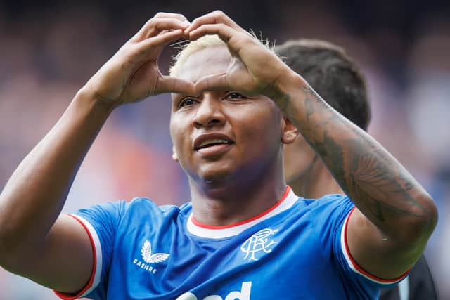 Alfredo Morelos of Rangers celebrates his goal during the Cinch Scottish Premiership match