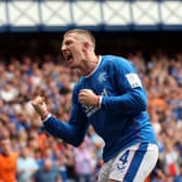 John Lundstram celebrates after he scores his team’s opening goal during the Cinch Scottish Premiership match between Rangers and Ross County