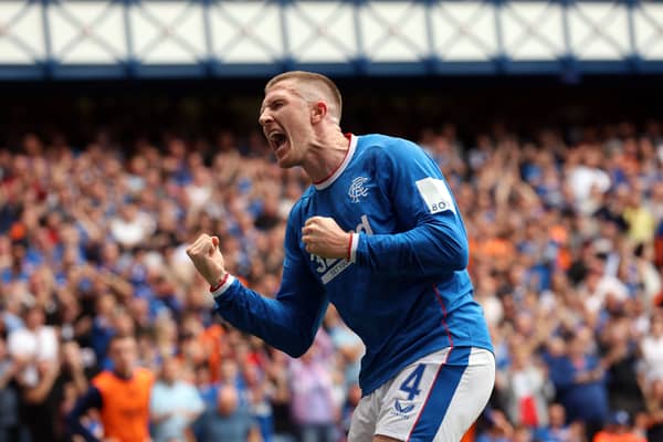 John Lundstram celebrates after he scores his team’s opening goal during the Cinch Scottish Premiership match between Rangers and Ross County