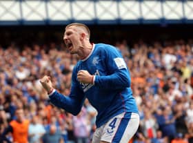 John Lundstram celebrates after he scores his team’s opening goal during the Cinch Scottish Premiership match between Rangers and Ross County