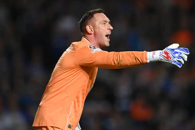 Rangers goalkeeper Allan McGregor reacts during the UEFA Champions League group A match between Rangers FC and SSC Napoli at Ibrox Stadium 