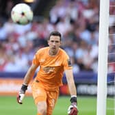 Jon McLaughlin watches the ball during the first round Group A UEFA Champions League football match between Ajax and Rangers at The Johan Cruijff ArenA 