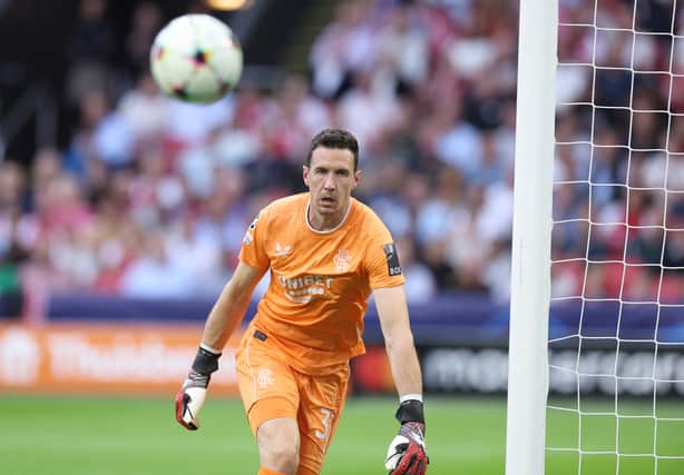 Jon McLaughlin watches the ball during the first round Group A UEFA Champions League football match between Ajax and Rangers at The Johan Cruijff ArenA 