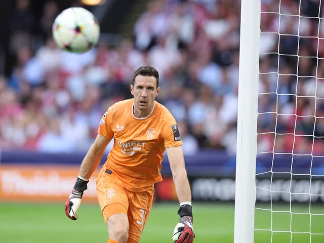 Jon McLaughlin watches the ball during the first round Group A UEFA Champions League football match between Ajax and Rangers at The Johan Cruijff ArenA 