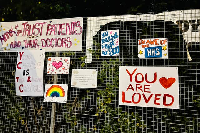 Some of the signs created by pro-choice Glaswegians to support those seeking healthcare at Queen Elizabeth University Hospital.