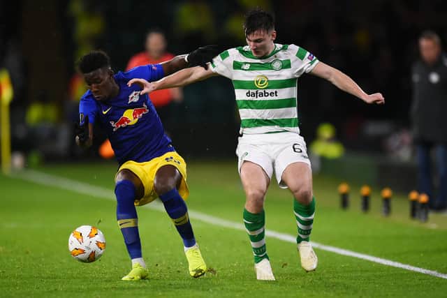 Leipzig's French defender Nordi Mukiele (L) vies with Celtic's Scottish defender Kieran Tierney during a UEFA Europa league group stage football match between Celtic and Liepzig at Celtic Park stadium in Glasgow, Scotland on November 8, 2018.