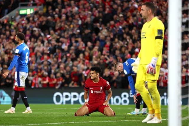 Luis Diaz of Liverpool reacts after winning a penalty, which is later scored