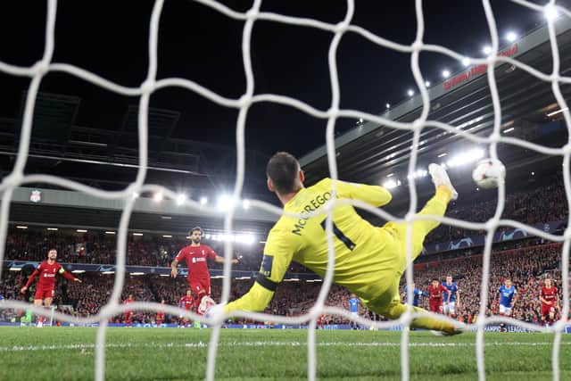  Mohamed Salah of Liverpool scores their team's second goal from the penalty spot past Allan McGregor of Rangers