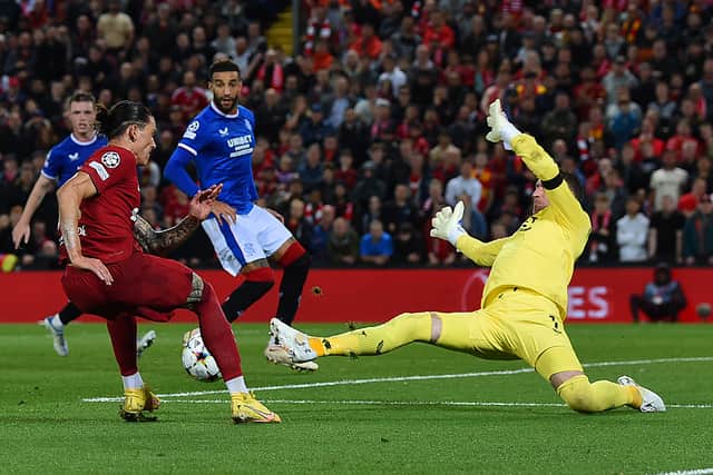 Liverpool striker Darwin Nunez is thwarted by Rangers goalkeeper Allan McGregor