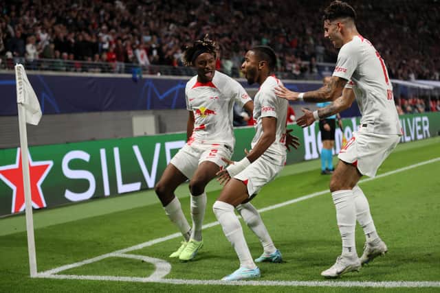 Christopher Nkunku of RB Leipzig celebrates a goal which was later disallowed by VAR
