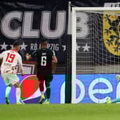 Andre Silva of RB Leipzig scores their team's third goal during the UEFA Champions League group F match between RB Leipzig and Celtic